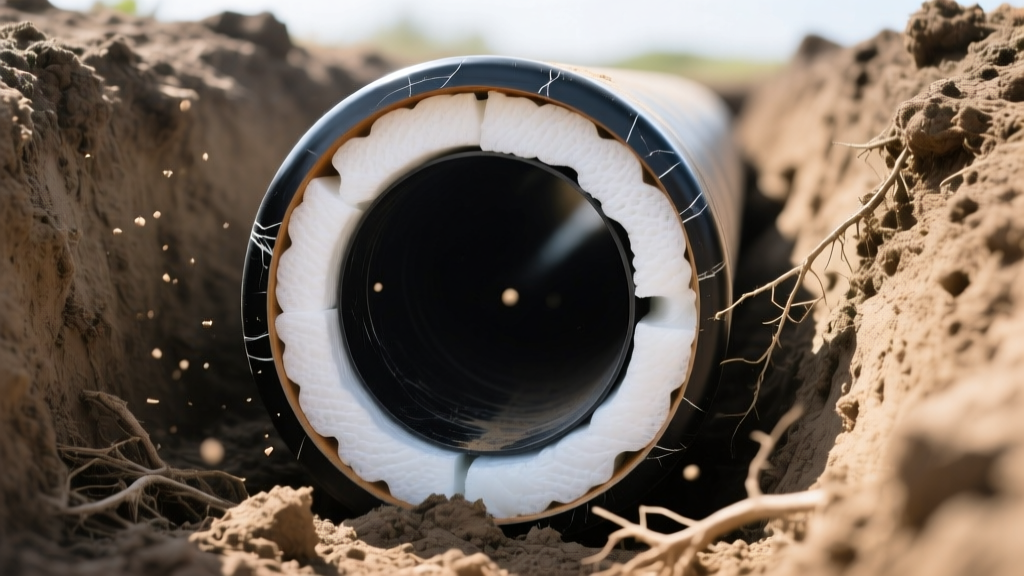 Buried steel pipe cross-section showing polyurethane foam insulation and black HDPE jacket inside an excavated dirt trench