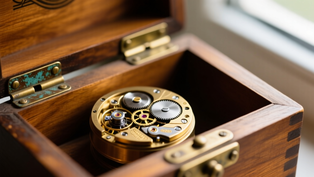 Macro shot of tarnished brass hinges and a Swiss musical movement mechanism inside a vintage 1930s wooden jewelry box interior.