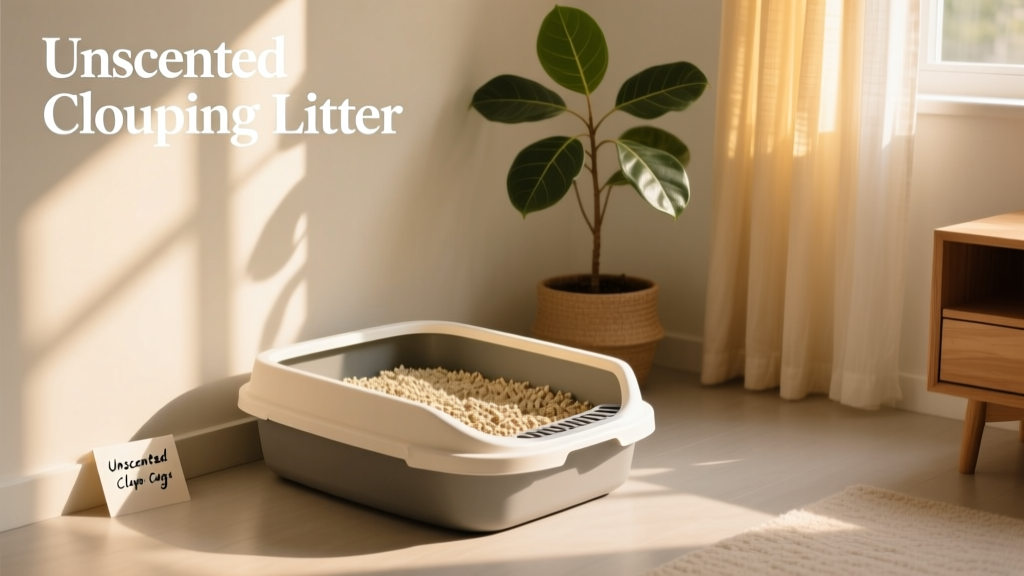 A clean, spacious litter box with unscented clumping litter, placed in a quiet corner of a sunlit room