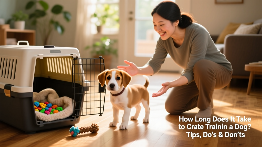 A person gently guiding a curious puppy toward an open crate filled with treats and a cozy blanket, using a calm, encouraging posture