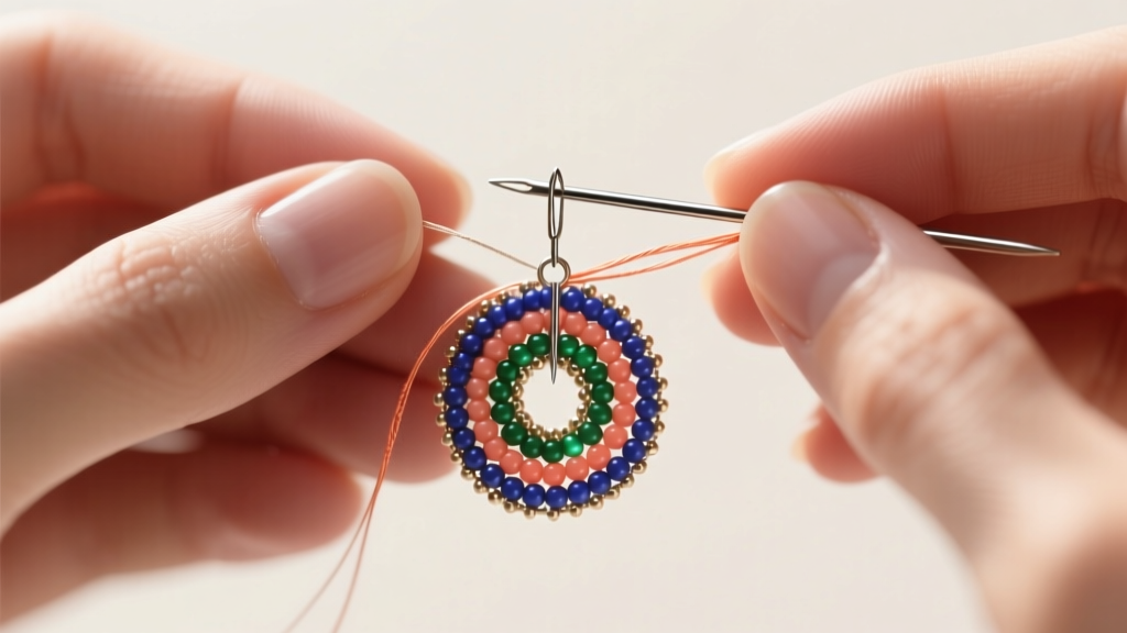 Detailed view of hands threading a size 12 needle with 6lb Fireline through a delicate flat even-count peyote stitch earring