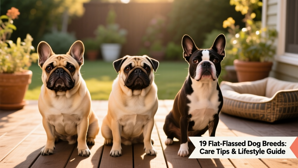 Side-by-side comparison of several flat-faced dog breeds including a French Bulldog, Pug, and Boston Terrier