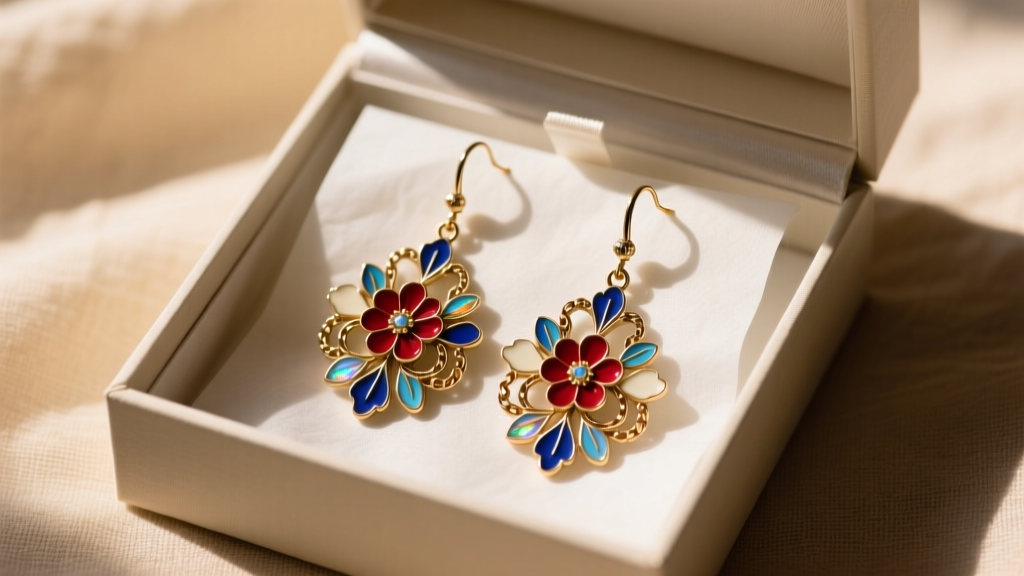 An elegant gift box open to reveal a pair of vintage Miriam Haskell floral dangle earrings nestled in acid-free tissue paper.
