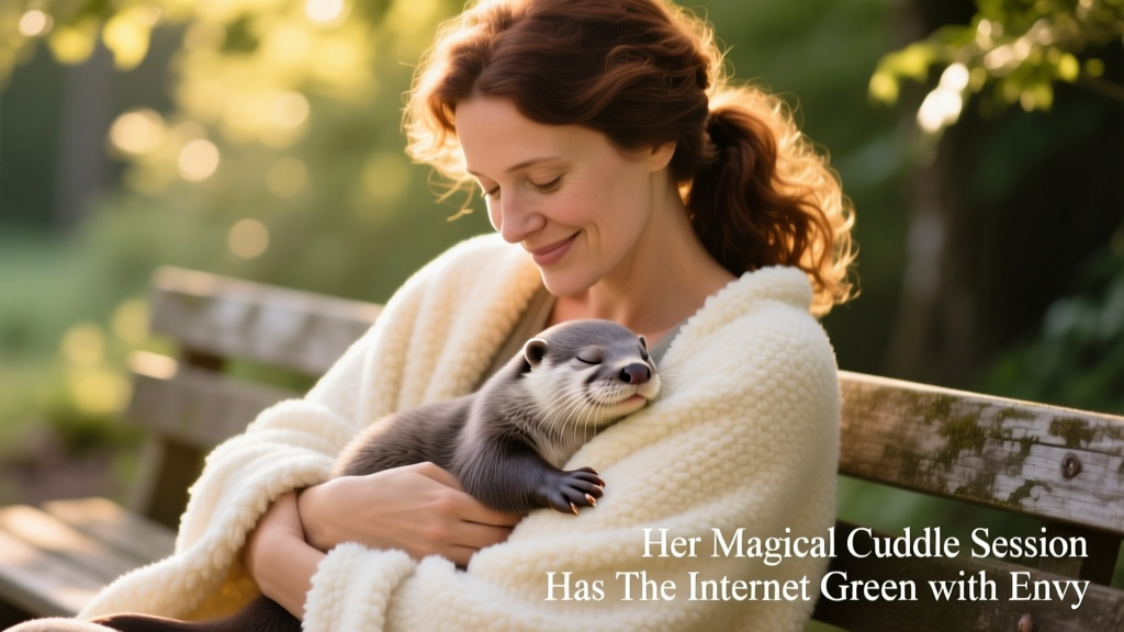 A woman gently cradling a sleeping baby otter in her arms on a soft blanket