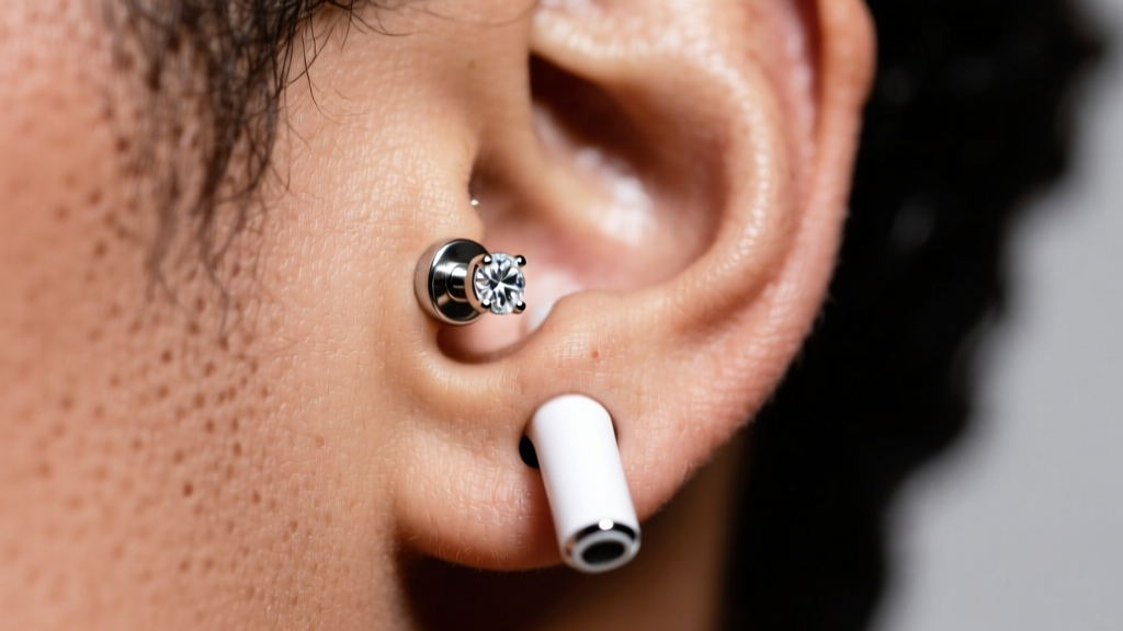 16-gauge titanium flat-back labret stud with a small bezel-set diamond worn in a lobe piercing next to a white AirPod Pro stem