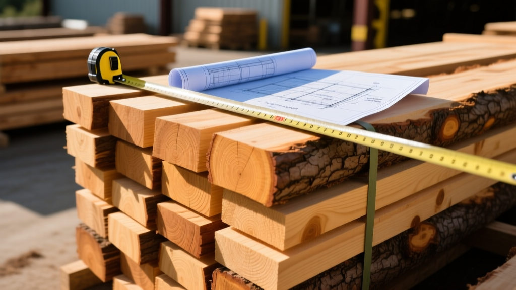 Stacked Douglas Fir and Southern Yellow Pine framing lumber in a sunlit supply yard, with measuring tape and blueprints resting on top bundles