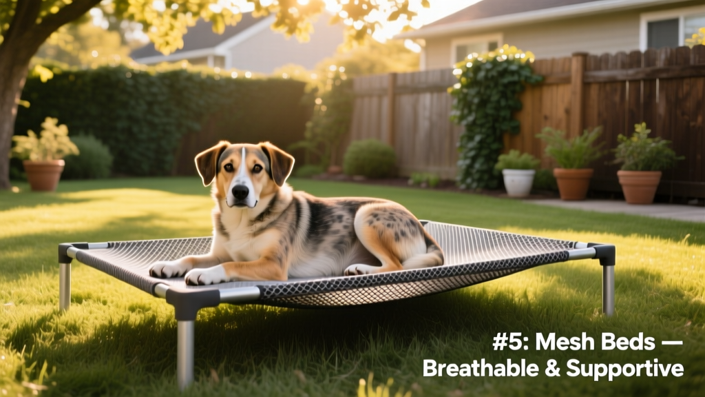 A medium-sized mixed-breed dog resting comfortably on an elevated mesh dog bed in a sunlit backyard