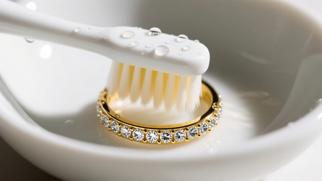 Close-up of a soapy soft toothbrush scrubbing the underside of a 14k yellow gold pavé diamond band in a white ceramic bowl.