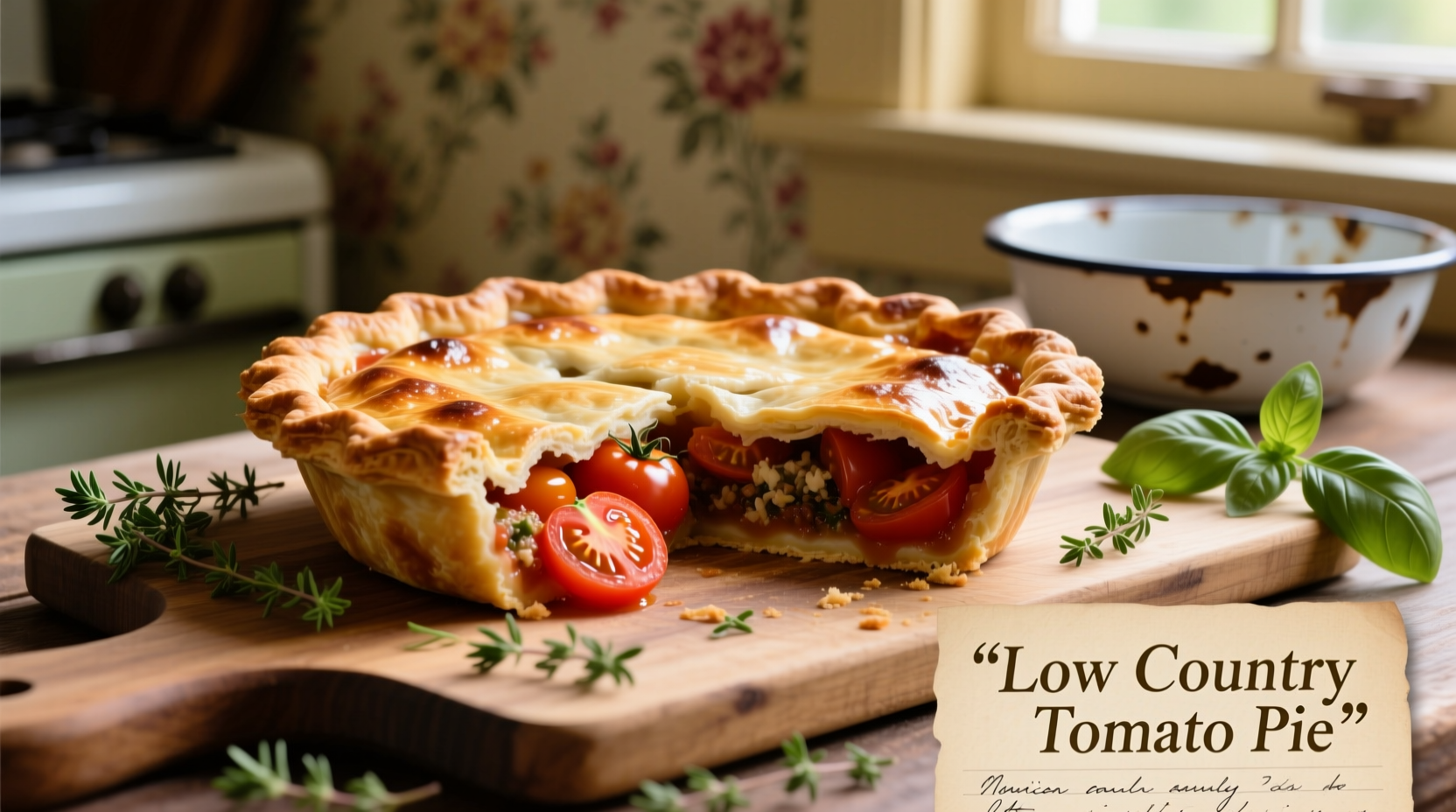 Freshly baked low country tomato pie with golden crust