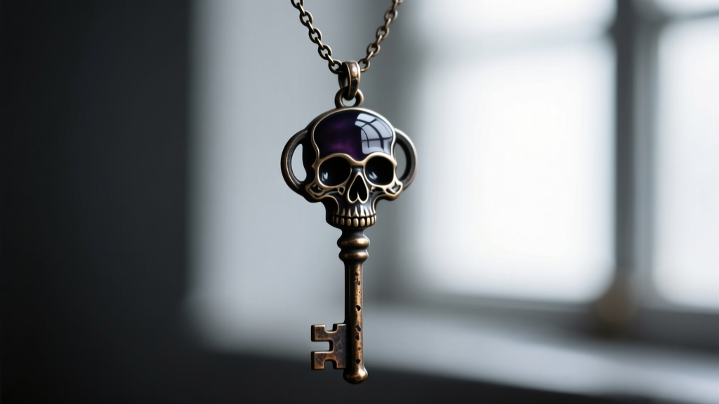 Close-up comparing soft enamel recesses and hard enamel flush surfaces on a dark gothic skeleton key necklace pendant