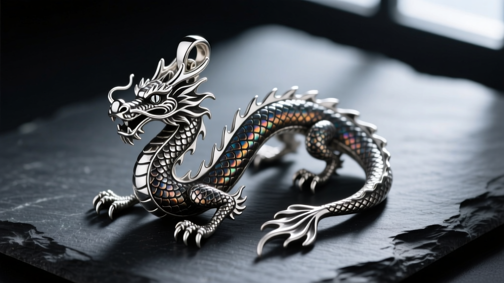 Macro shot of a 925 sterling silver dragon pendant with oxidized scales resting on dark slate under moody directional lighting.