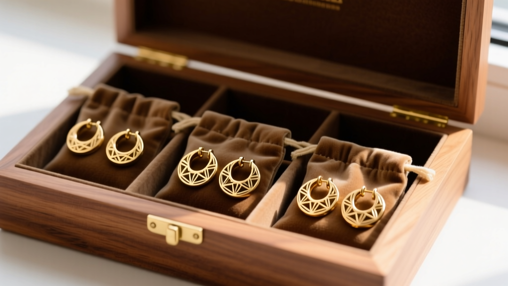 Etched gold hoop earrings stored separately in individual anti-tarnish velvet pouches inside a cedar-lined wooden jewelry box.