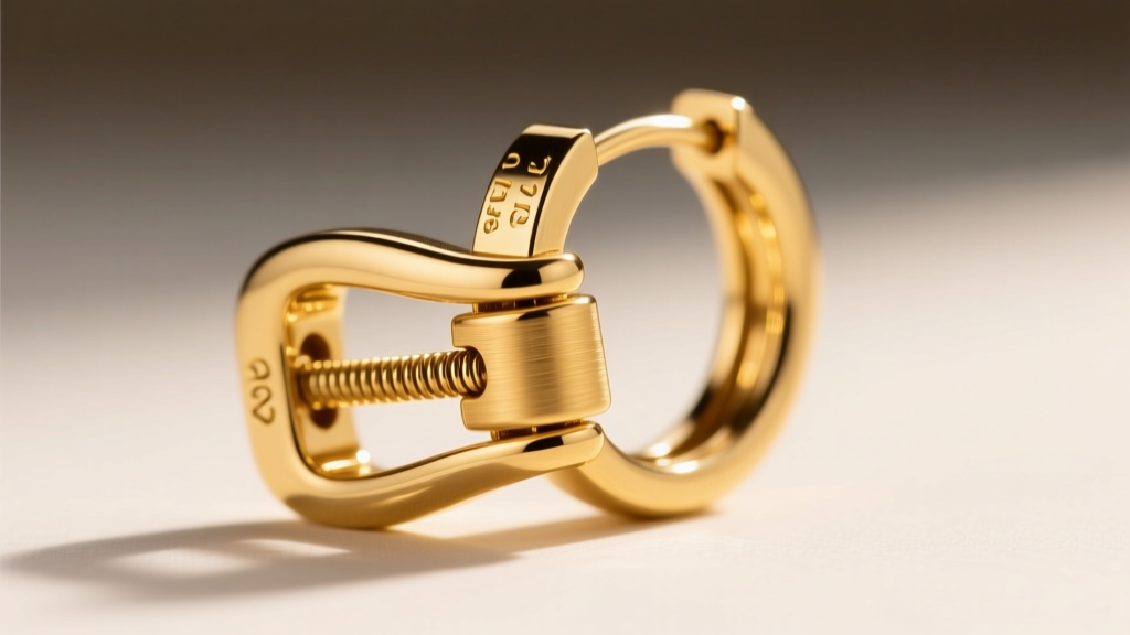 Macro shot of a hinged saddle clasp on a 12-gauge gold hoop earring, showing the interlocking latch mechanism and tension spring