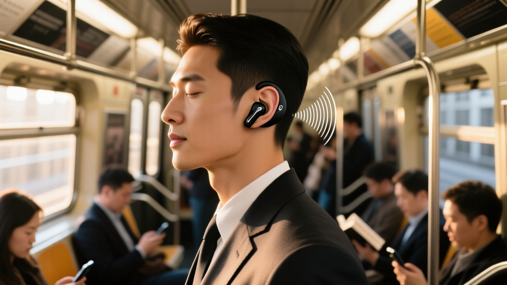 User wearing Sennheiser Momentum TW 4 earbuds on a crowded subway train, demonstrating secure fit and active noise cancellation in use