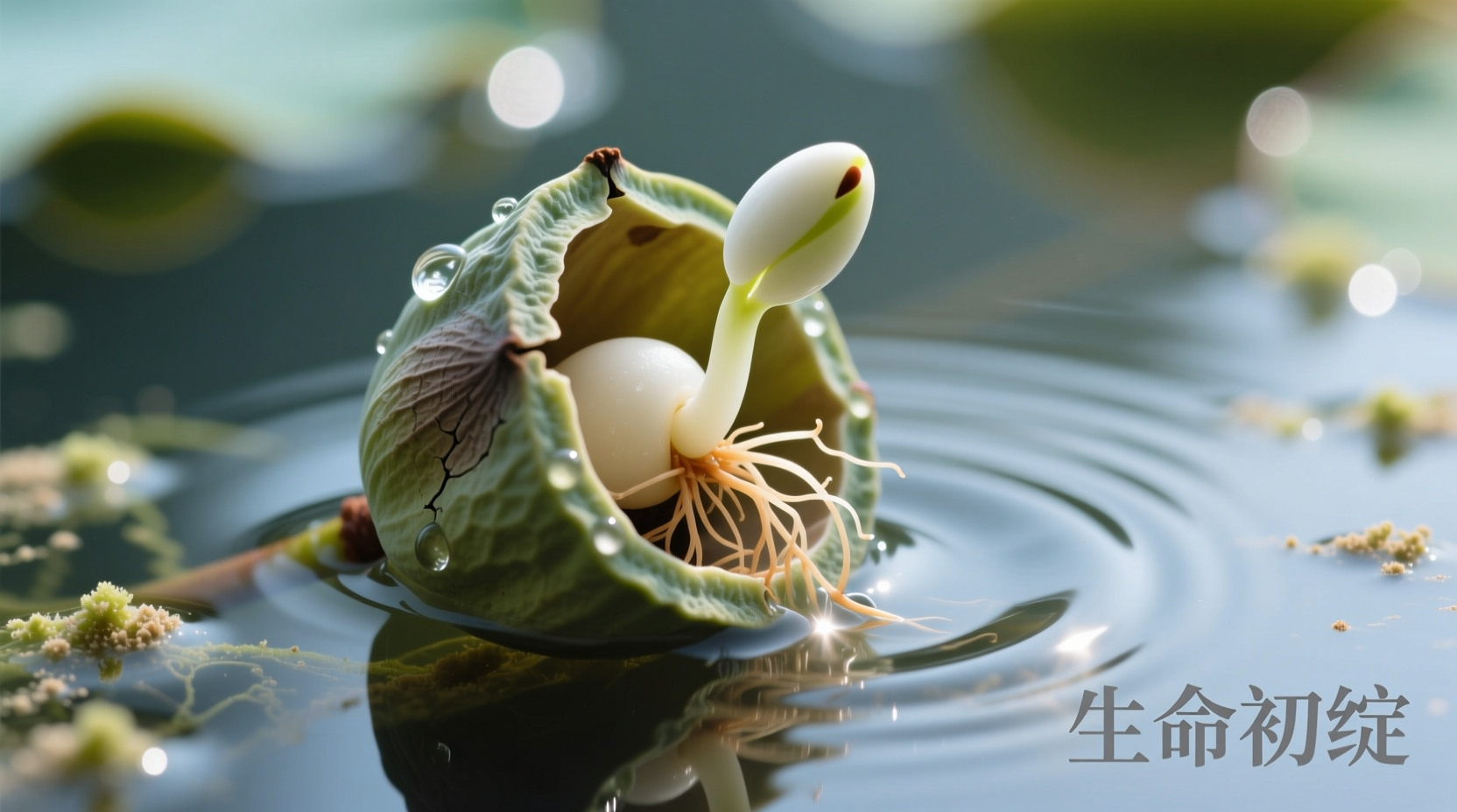 Close-up of lotus seed germination process in water