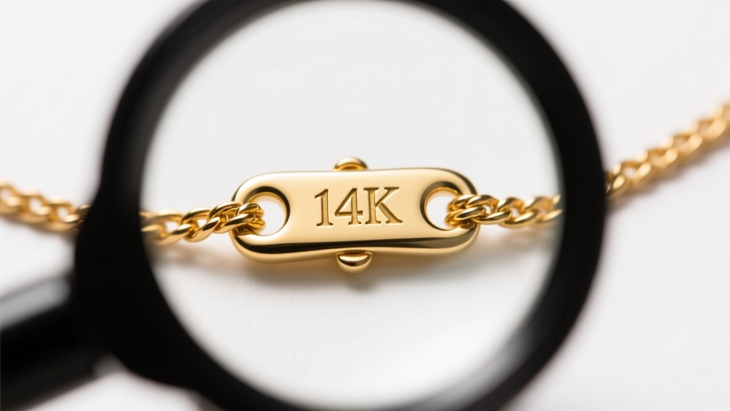 Macro shot of a loupe inspecting a tiny 14K hallmark stamped on a gold rope chain clasp, set against a clean white background.