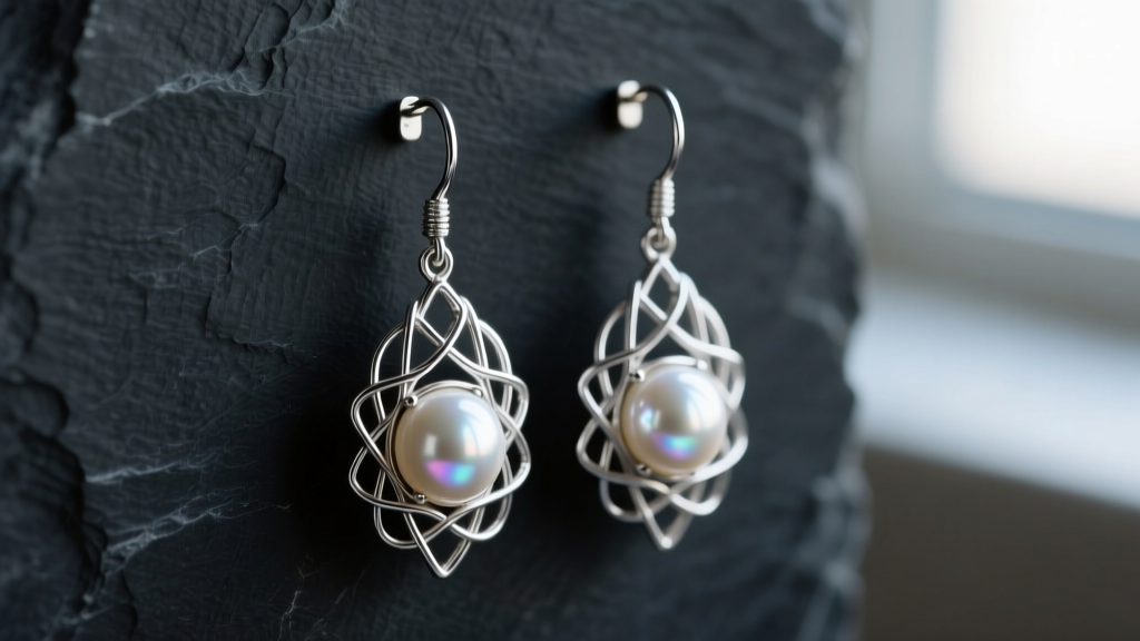 Close-up of modern silver and pearl drop earrings with geometric wirework and baroque pearls against a dark slate background.