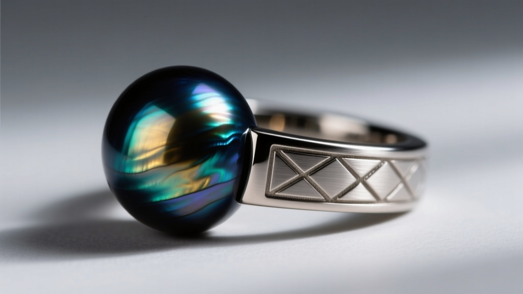 Macro shot of thick nacre and metallic luster on a dark peacock Edison pearl designed for modern urban streetwear pearl jewelry