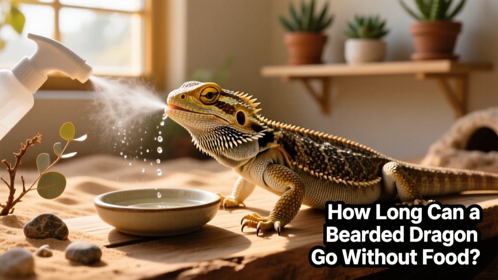 Bearded dragon drinking water from a shallow dish while gently misted with a spray bottle