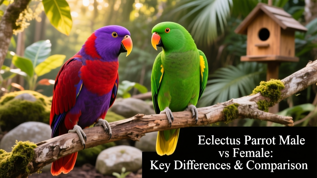 Side-by-side comparison showing vibrant red-and-purple female Eclectus and bright green male Eclectus perched on natural branches