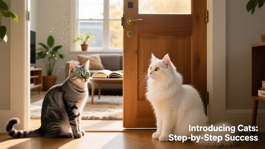 Two cats sitting calmly on opposite sides of a partially opened door, glancing at each other without signs of fear or aggression