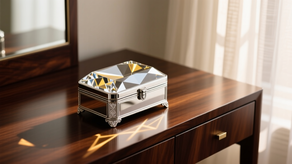 Silver-plated Godinger jewelry box with a faceted crystal lid resting on a dark mahogany vanity table in soft morning light