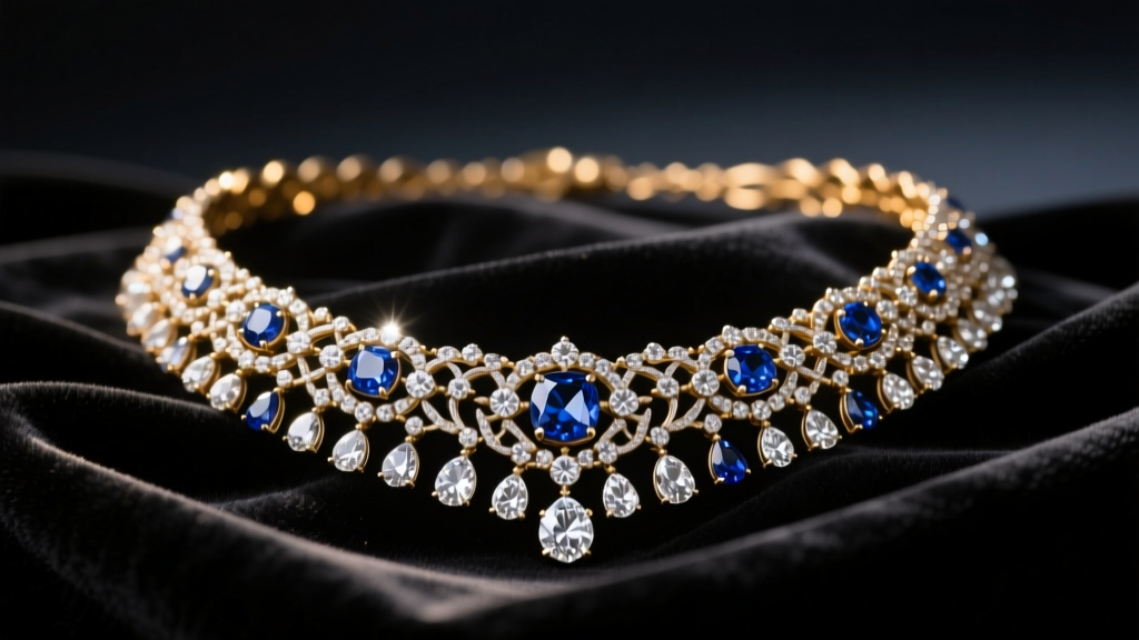 Close-up of an ornate 19th-century antique diamond riviere necklace resting on dark velvet, illuminated by warm spotlighting.