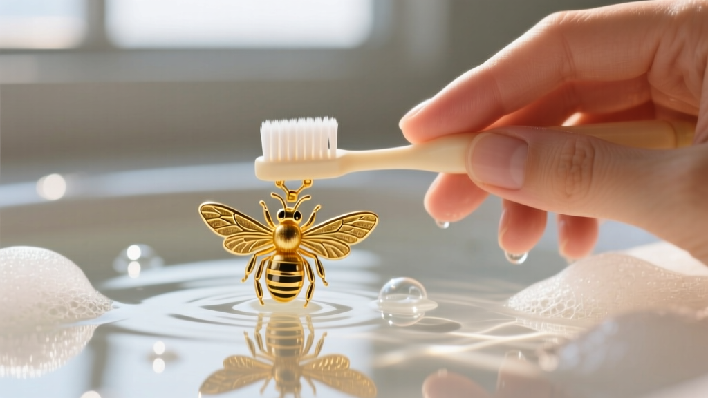 Close-up of hands using a soft baby toothbrush to gently clean the intricate wings of a 14k gold bee pendant in soapy water.