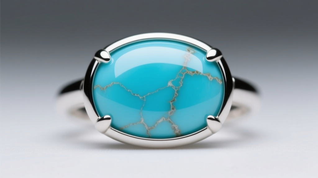 Macro shot of natural Sleeping Beauty turquoise cabochon in a silver bezel, showing flawless robin egg blue under studio lighting