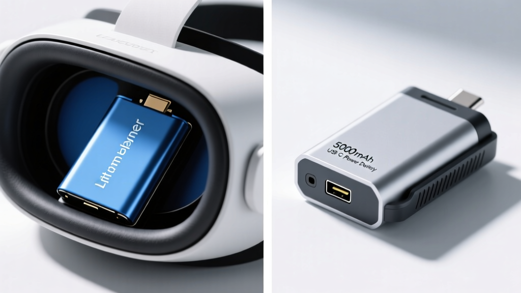 Side-by-side macro photography comparing a glued-in lithium polymer VR battery against a modular hot-swappable 5000mAh battery pack with USB-C PD