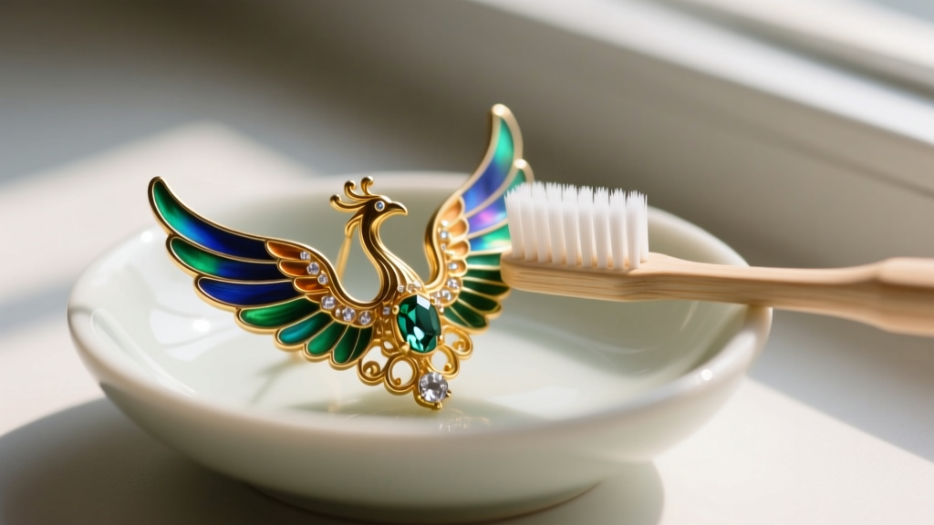Soft toothbrush cleaning enamel wings of a phoenix earring over a bowl, showing safe care for delicate gemstone and gold jewelry
