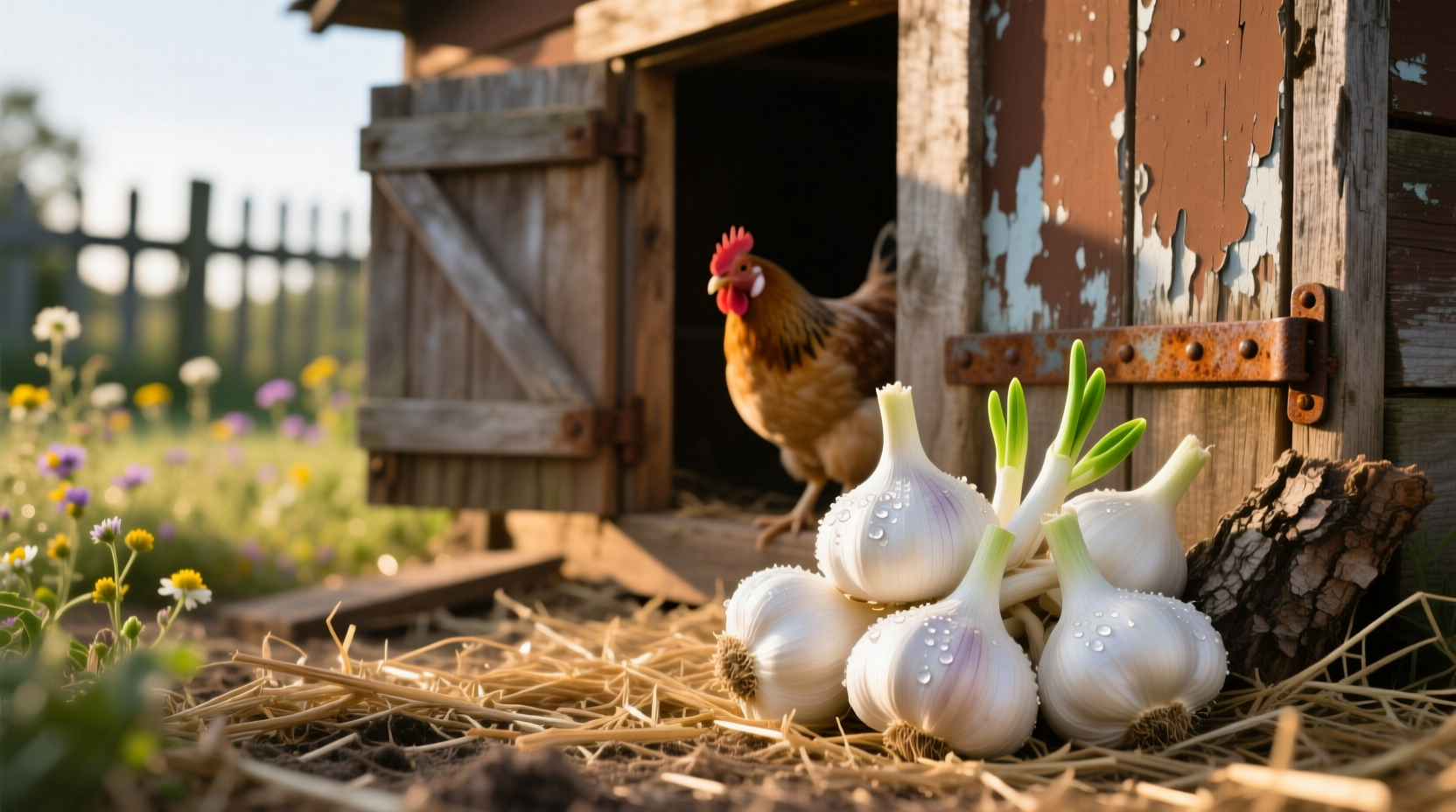 Fresh garlic cloves near chicken coop