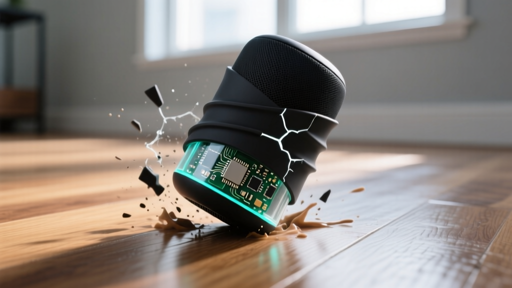 Close-up of a silicone-wrapped smart sound machine surviving a drop test onto a hardwood floor during a rigorous gadget durability assessment.
