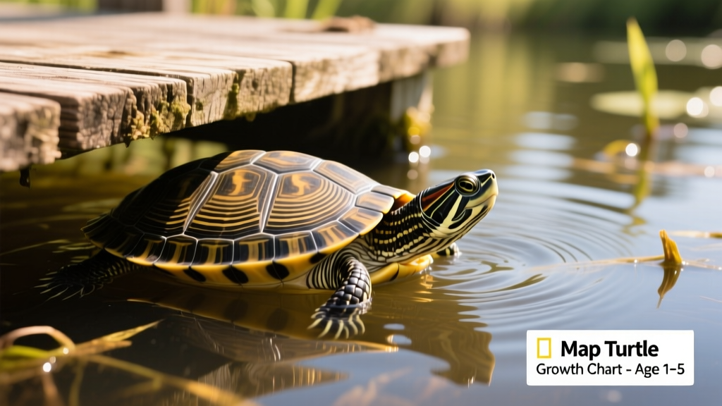Close-up of a juvenile map turtle swimming near a floating basking dock with visible growth rings on its carapace
