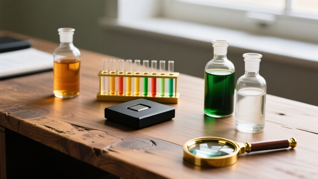 Gold testing kit on wooden desk with a black touchstone, glass acid bottles, and a polished brass loupe in soft natural light.
