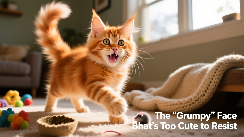 Playful shot of the orange Maine Coon kitten mid-pounce, revealing joyful expression beneath the 'grumpy' reputation