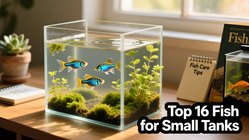 Three zebra danios swimming near the surface of a nano tank with floating plants