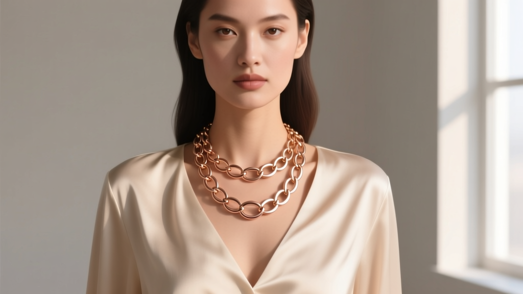 Woman wearing layered 16-inch and 18-inch rose gold circle chain necklaces, showcasing round links against a silk blouse