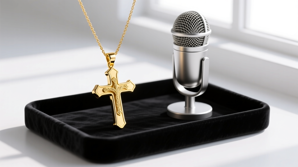 14k gold cross pendant resting on a dark velvet tray beside a professional silver broadcasting microphone in a brightly lit studio.