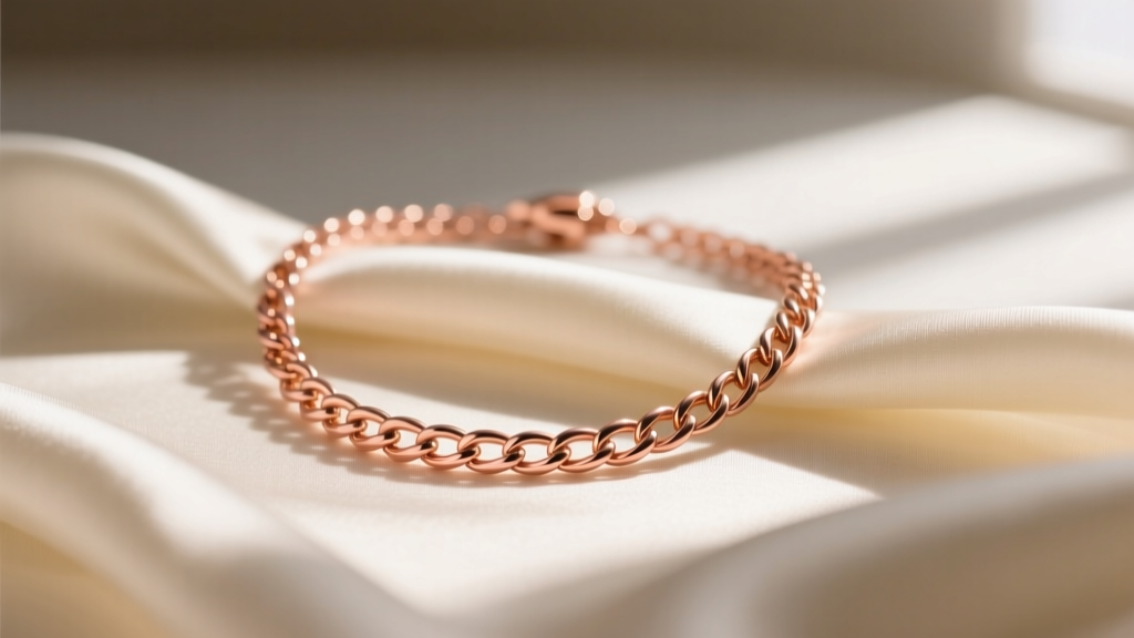 Delicate 14k pink gold cable chain necklace on cream silk, highlighting warm copper undertones in soft natural window light.