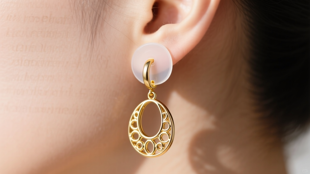 Close-up of clear silicone support patch applied behind a heavy gold drop earring to prevent earlobe stretching and drooping