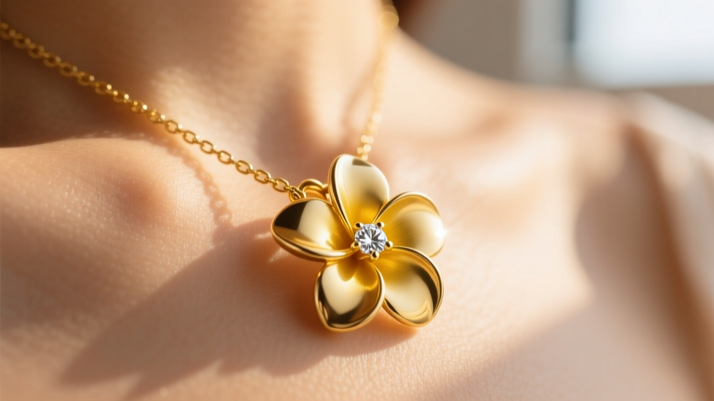 Macro shot of a solid 14k yellow gold plumeria flower pendant necklace with a diamond center, glowing against sun-kissed skin.