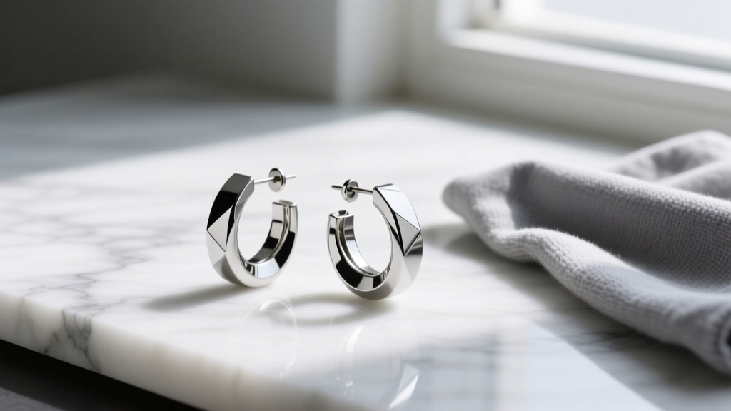 Flat lay of Grade 23 titanium hoop earrings and a microfiber cloth on white marble, illuminated by soft natural window daylight.
