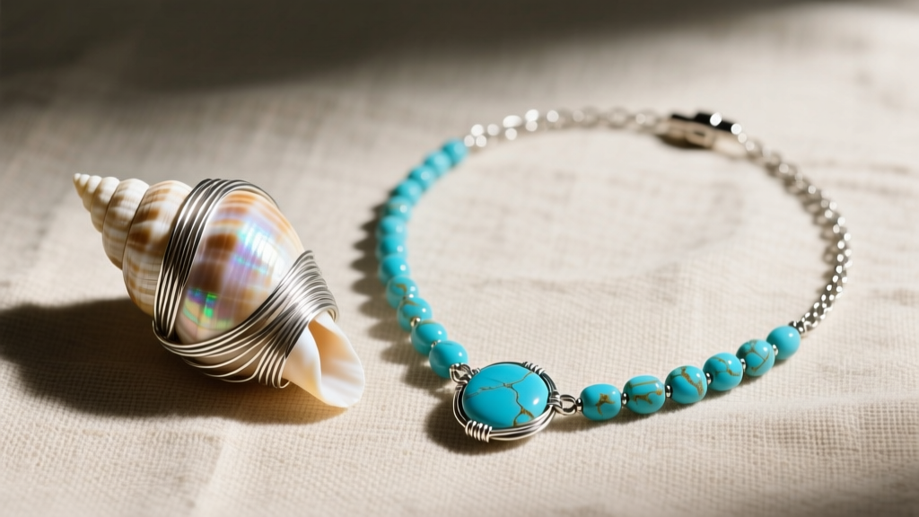 Flat lay of a wire-wrapped cowrie shell and blue turquoise necklace on textured linen, showcasing intricate silver wire details.