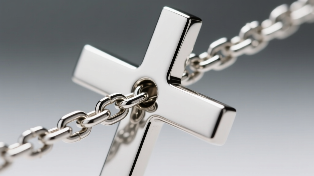 Macro shot of a 1.2mm silver box chain threading through a sideways cross, showing tight interlocking links in bright light.