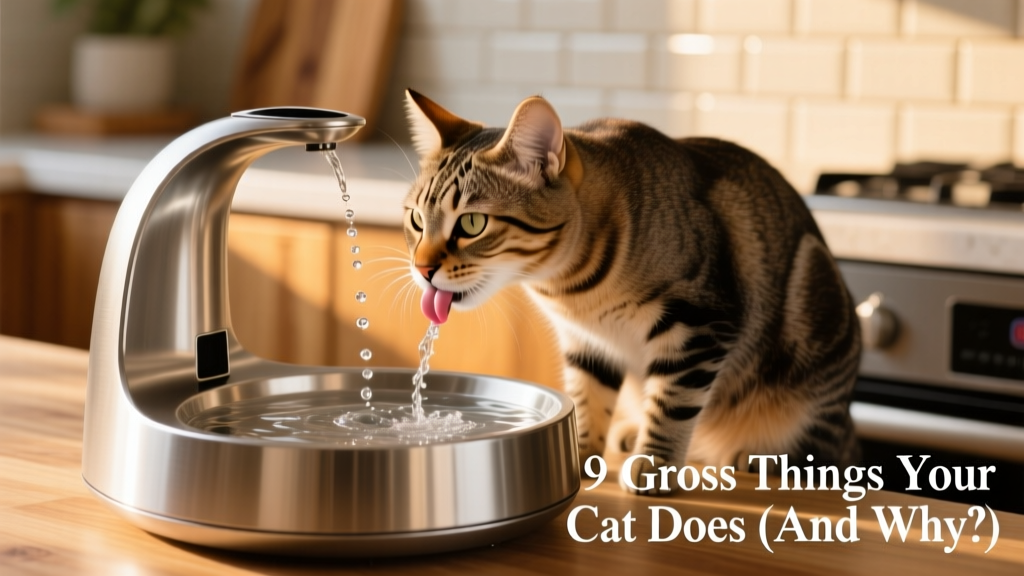 Close-up of a cat drinking water from a sleek, modern water fountain