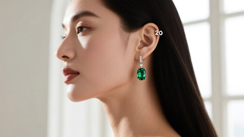 Side profile of a woman wearing 20-gauge leverback emerald drop earrings, showing the stone dangling just below the earlobe