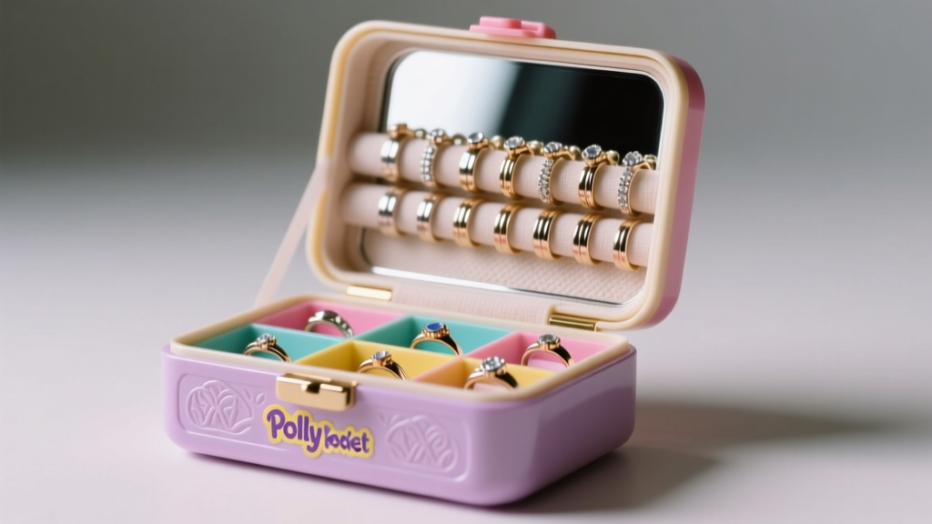 Opened vintage 1990s Polly Pocket jewelry box showing tiny ring rolls and mirrored lid under soft studio lighting.