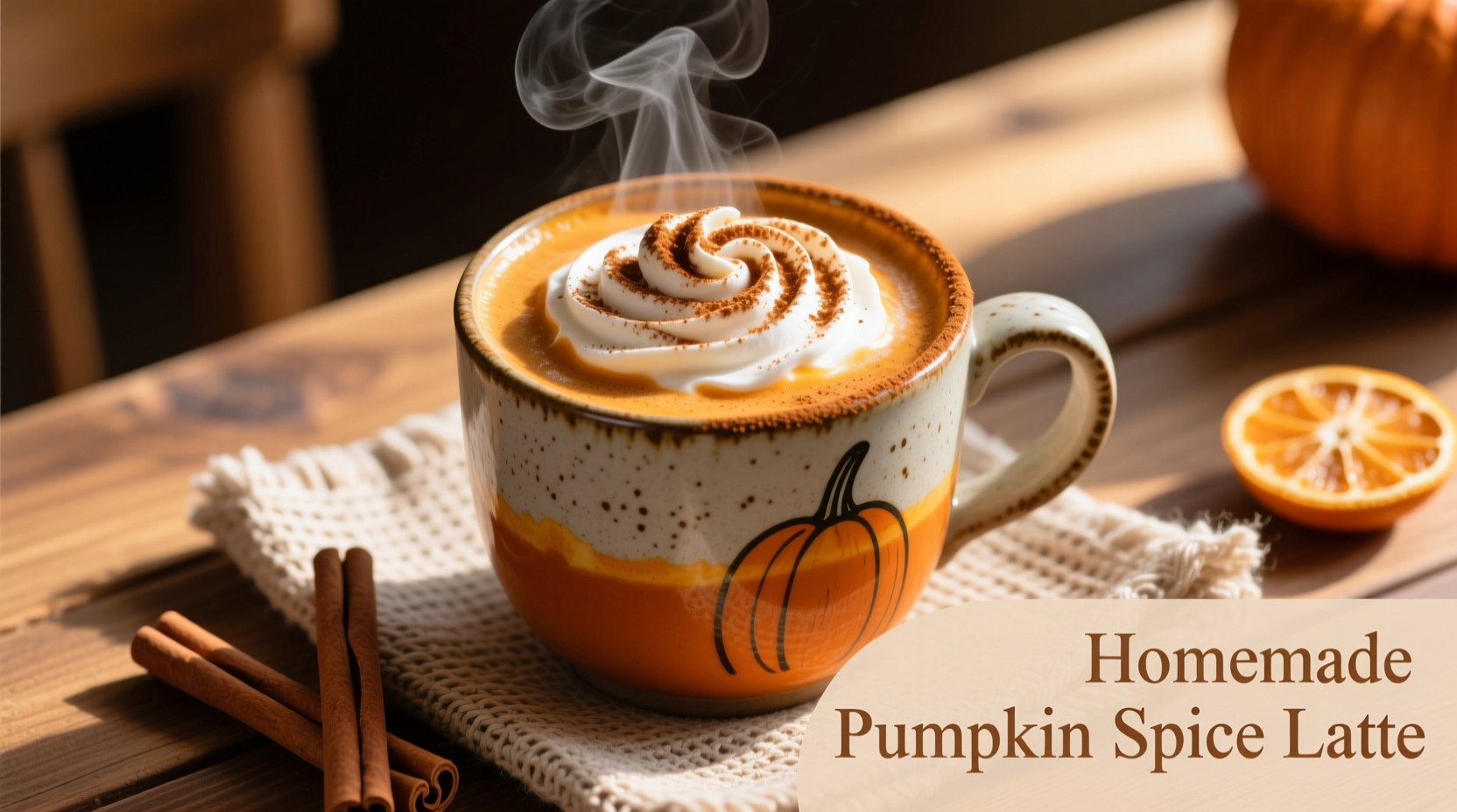 Homemade pumpkin spice latte with cinnamon garnish