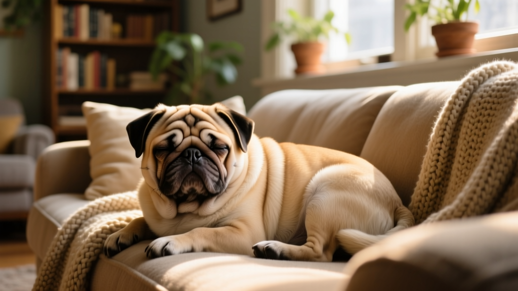 A wrinkly-faced Pug curled up on a cozy sofa, eyes half-closed in contentment